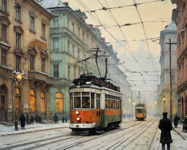 Vintage Snowy Urban Street Scene with Trams