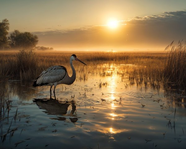 Serene Wetland Scene at Sunrise with Crane