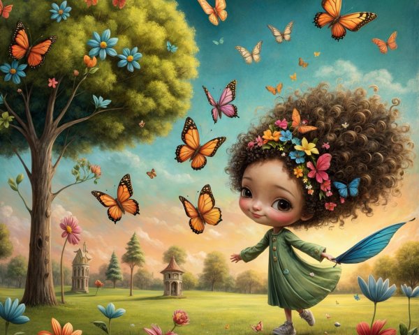Whimsical Scene of a Girl in a Colorful Meadow