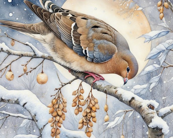 Serene winter landscape with snow-covered trees and birds