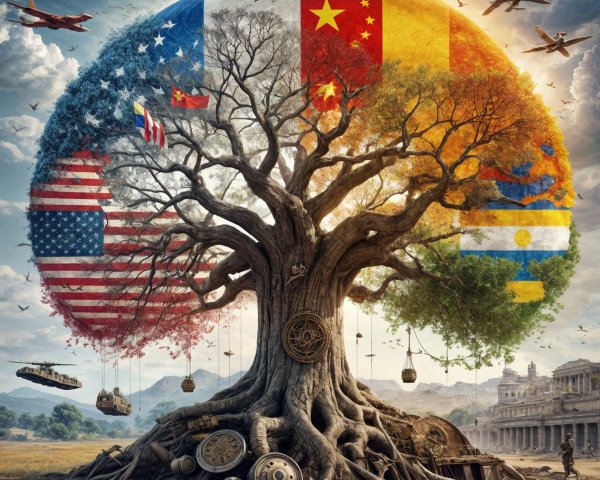 Tree with Country Flags Amidst Nature and Conflict