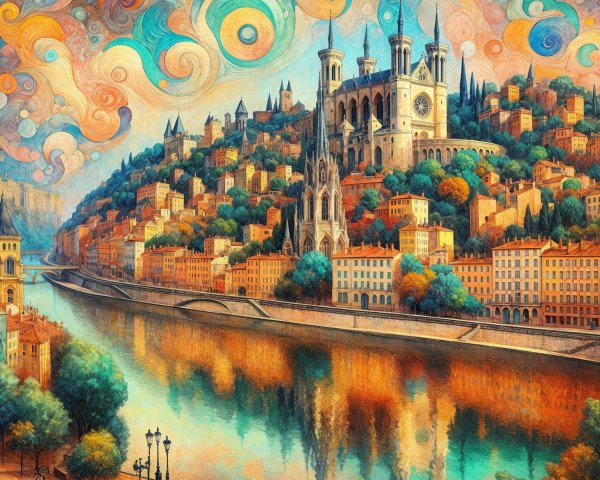Vibrant Landscape with Cathedrals and Serene River