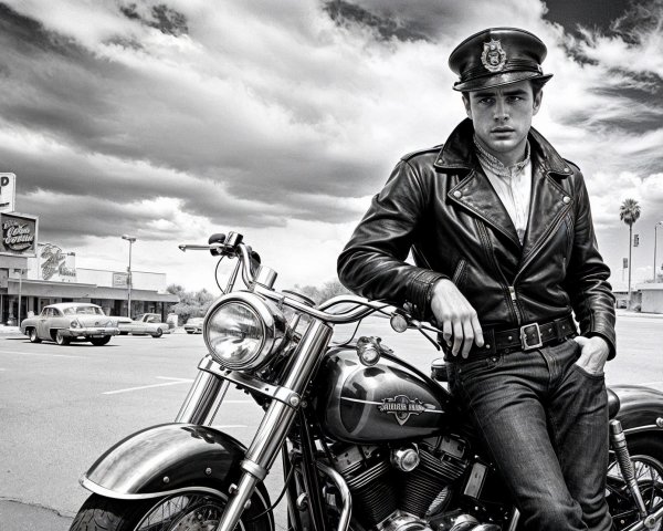 Vintage Motorcycle and Retro Diner Scene in Black-and-White