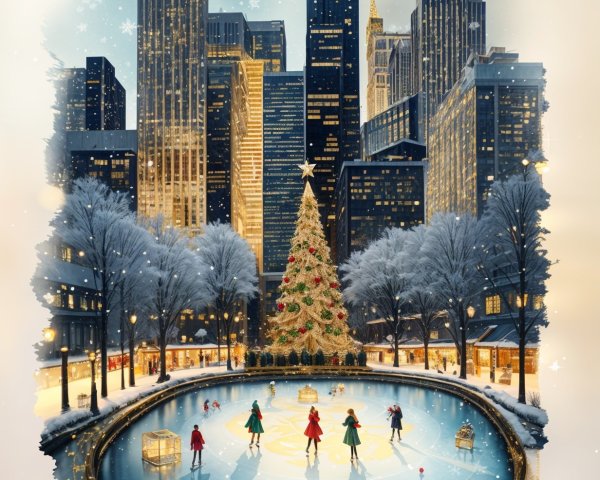 Winter City Scene with Skaters and Christmas Tree
