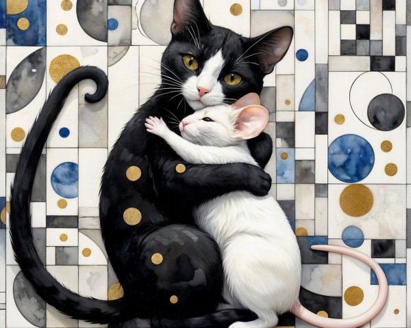 Whimsical Illustration of Cat and Mouse Friendship