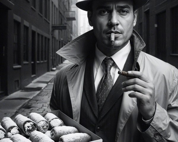 Noir Scene of Man with Pastries in Alleyway