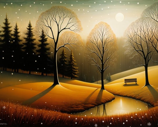 Serene Winter Scene with Pond and Moonlight Reflection