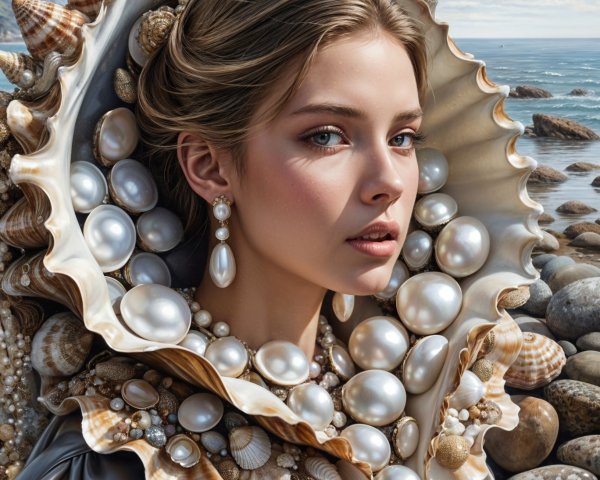 Portrait of a young woman with shell and pearl collar