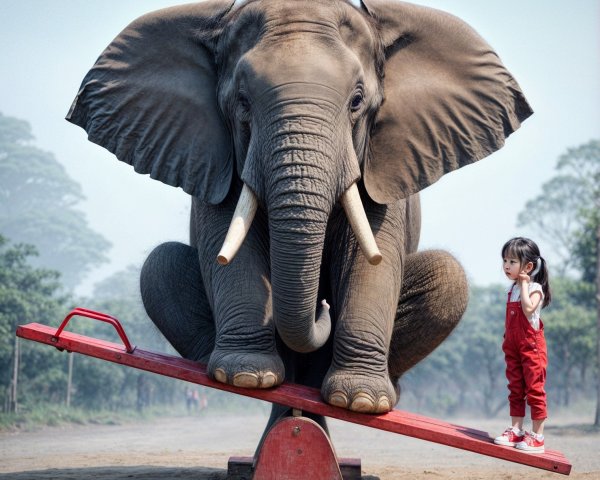Young Girl and Elephant on a Seesaw in Nature
