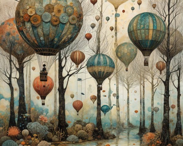 Whimsical Landscape with Hot Air Balloons and Trees