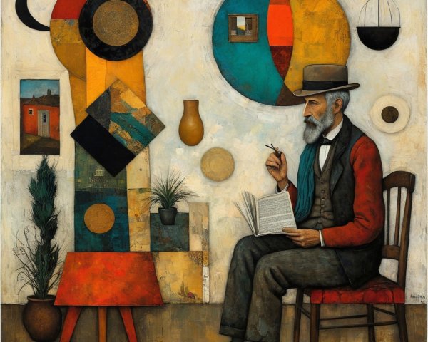 Abstract Oil Painting of an Old Man with Book and Pipe