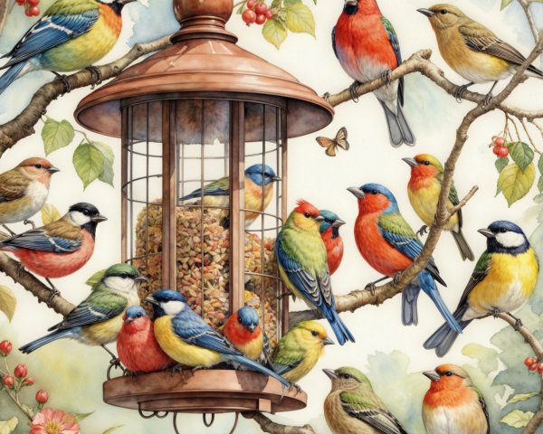 Colorful Birds Gathering Around a Copper Bird Feeder