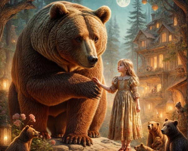 Magical Forest Scene with Girl and Friendly Bear