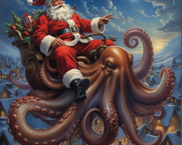 Santa Claus Riding a Colorful Octopus in Night Sky