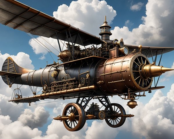 Steampunk Airship with Brass Details in Cloudy Sky