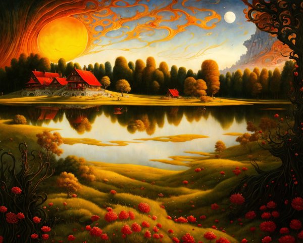 Vibrant Landscape with Sunset, Lake, and Silhouetted Trees