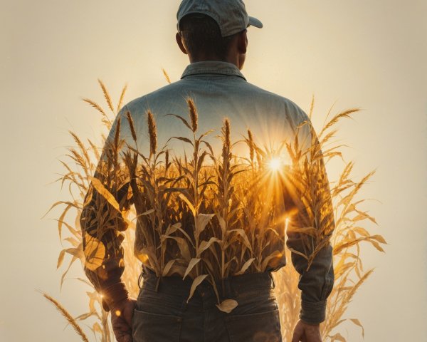 Farmer in Sunset-Illuminated Cornfield Scene