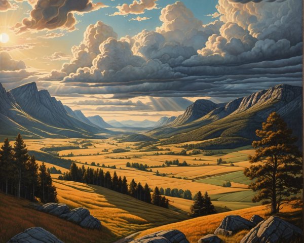 Vast Valley Landscape Surrounded by Towering Mountains