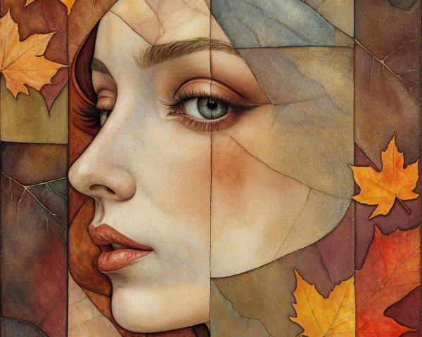 Profile of a Woman Blended with Autumn Leaves