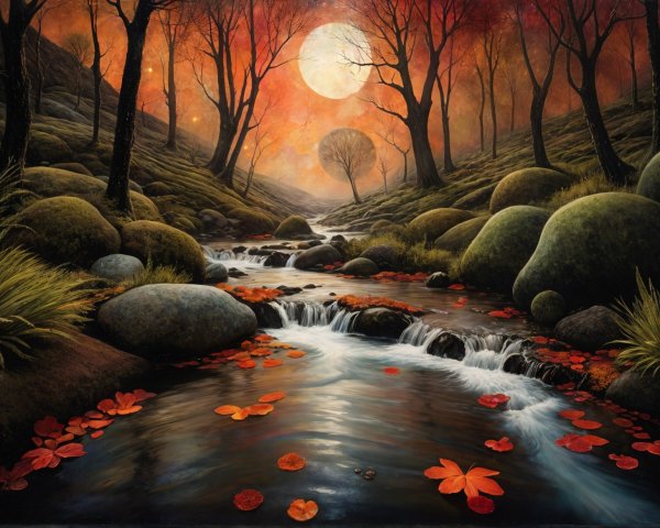 Serene Landscape with Stream and Autumn Leaves