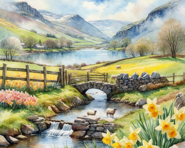 Serene Landscape with Hills, Lake, and Daffodils