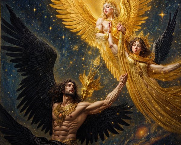 Ethereal Figures with Wings in Cosmic Background