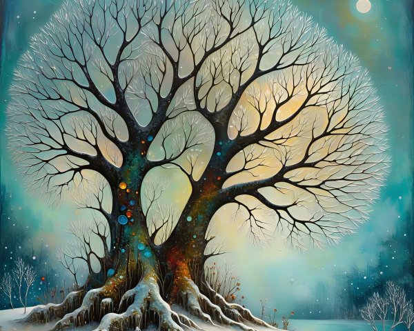 Detailed Painting of a Snow-Covered Tree in Colorful Sky