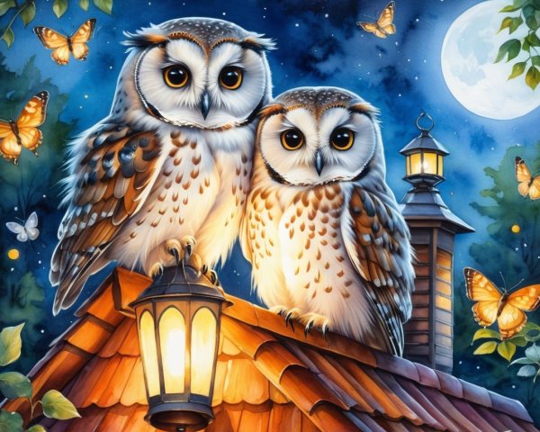 Owls on Rooftop Under Starry Night with Butterflies