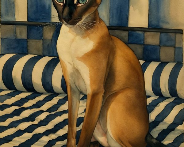 Siamese Cat on Striped Blue and White Surface