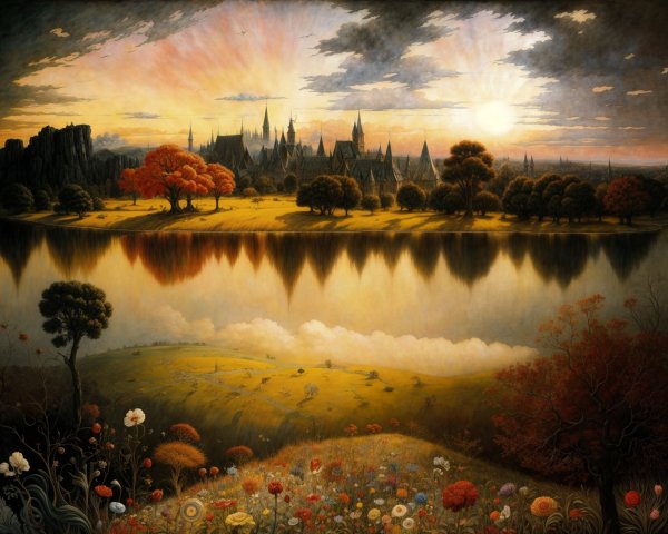 Serene Lake Landscape with Vibrant Sunset and Village