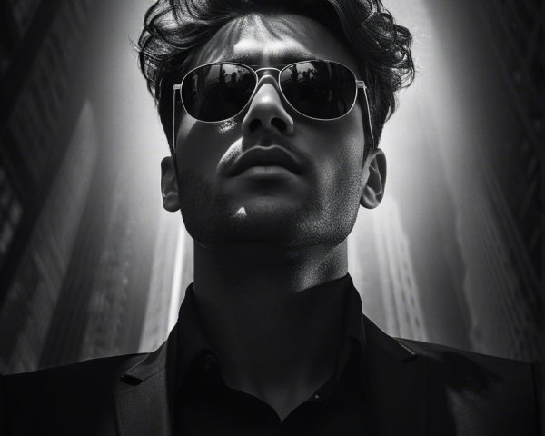 Stylish Young Man in Black Suit Against Urban Skyscrapers