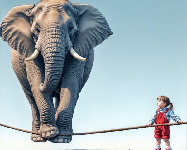 Young Girl in Red Overalls with Elephant on Sand