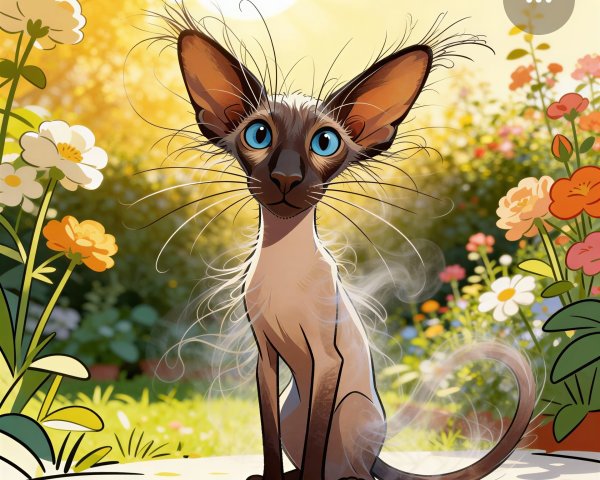 Large-eared cat with blue eyes in flower garden setting