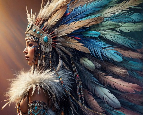Profile of a woman in a vibrant feather headdress