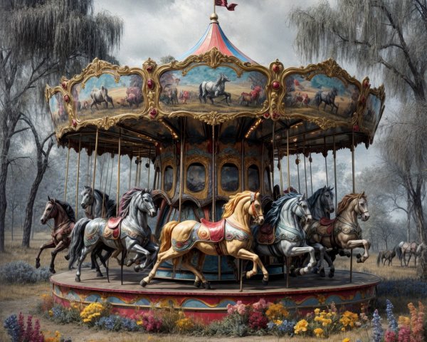 Ornate Carousel in a Dreamy Landscape with Horses