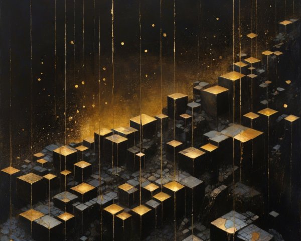 Three-Dimensional Cubes with Glowing Gold Accents