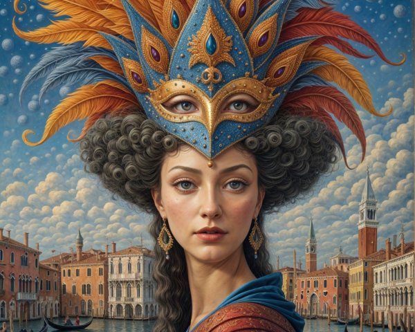 Elaborate Feathered Mask Against Venetian Backdrop