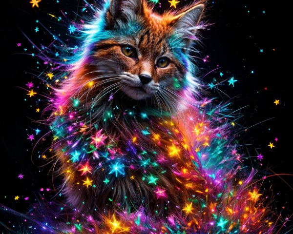Majestic Cat Surrounded by Colorful Lights and Stars