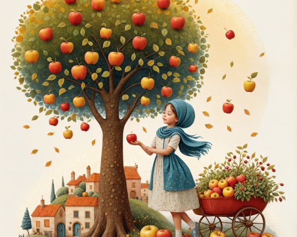Young girl under apple tree in autumn landscape