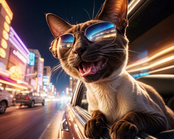 Playful Cat with Sunglasses in City Night Scene