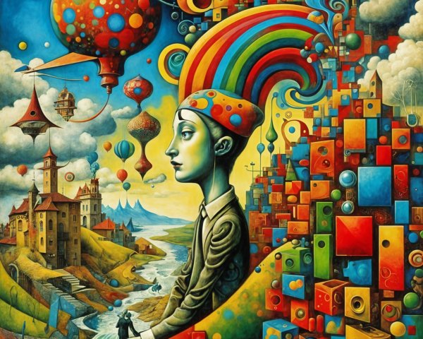 Surreal Landscape with Hot Air Balloons and Geometric Hills