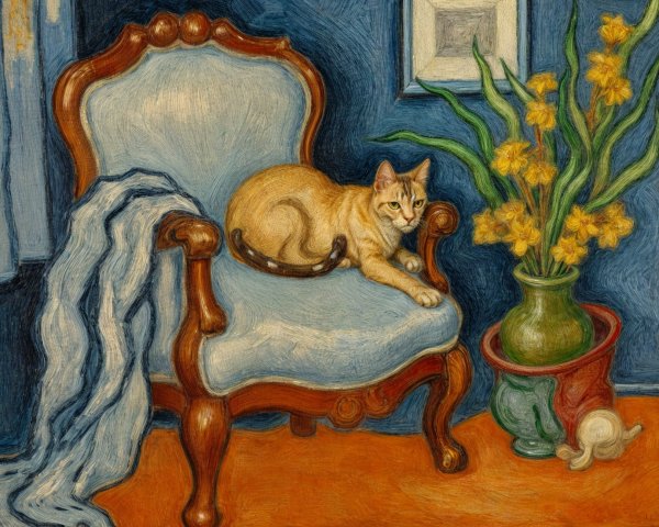 Cozy Interior with Cat on Vintage Blue Armchair