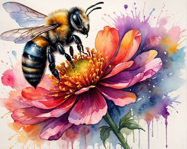 Watercolor Illustration of a Bee on a Pink Flower