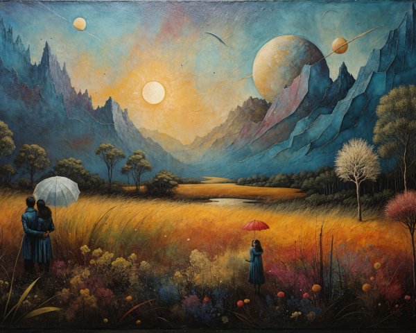 Surreal Landscape with Figures and Vibrant Sunset