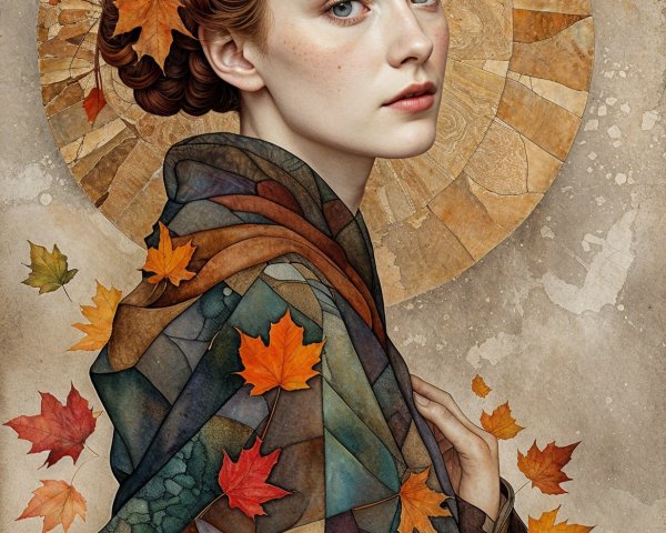 Portrait of a Young Woman with Autumn Leaves and Cloak