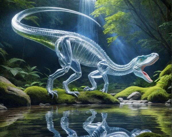 Translucent dinosaur near serene pond in enchanted forest
