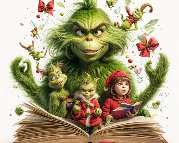 Whimsical Grinch Surrounded by Festive Characters