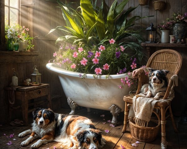 Cozy Rustic Interior with Vintage Bathtub and Dogs