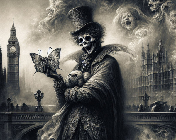 Mysterious Figure in Victorian Attire by the Thames
