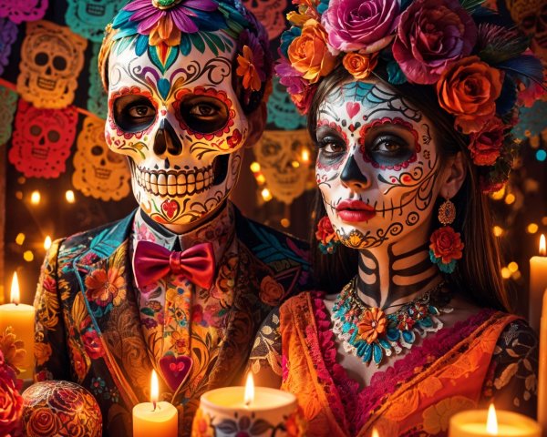 Couple in Día de los Muertos Makeup and Attire